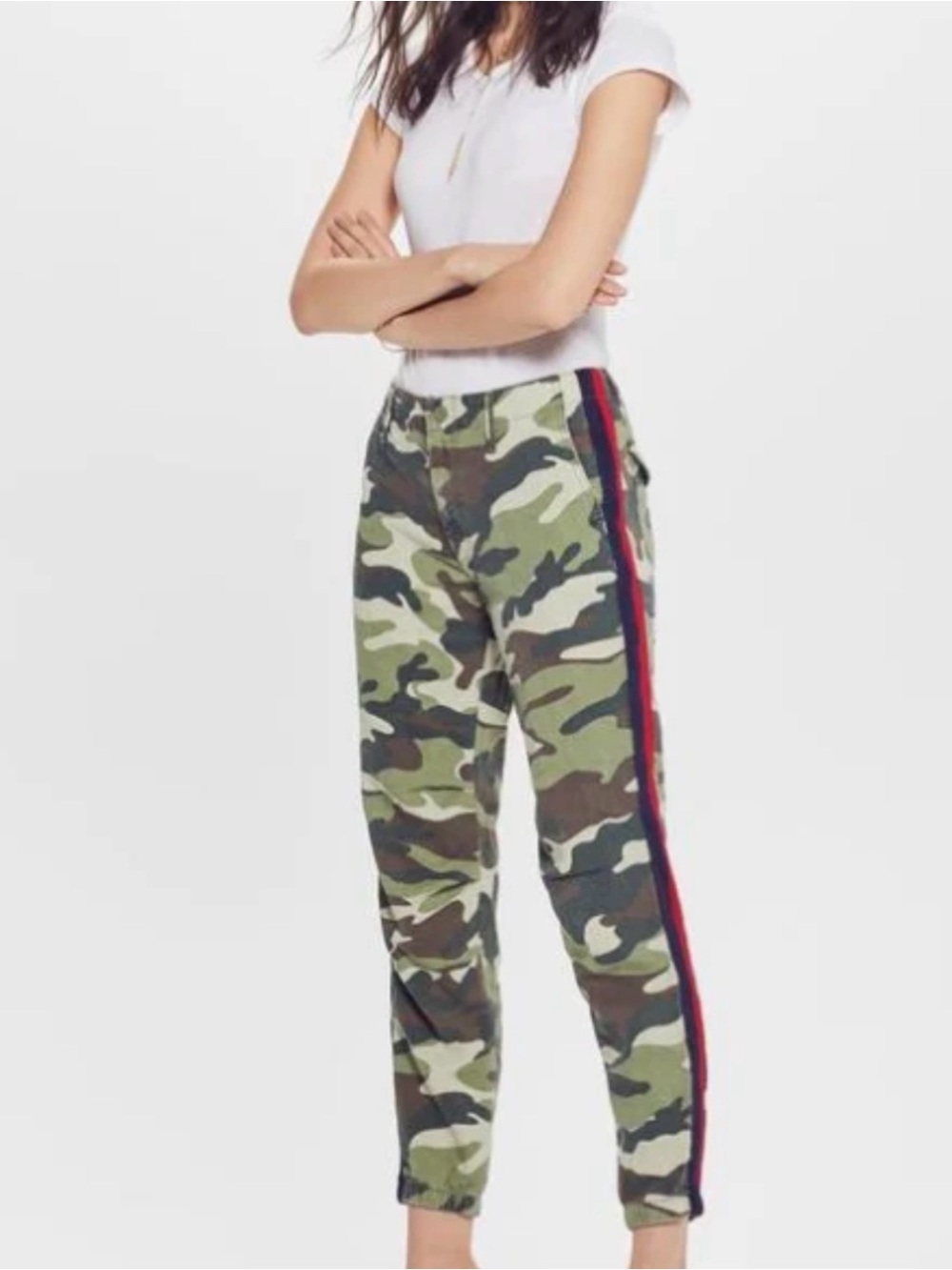 MOTHER The No Zip Misfit Camouflage Pants Size 31 34x26 Green Camo Stripe Jogger